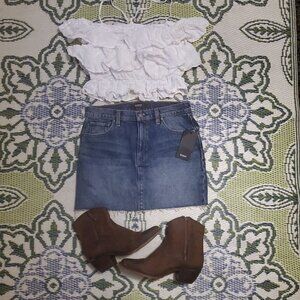 Women's ZARA Off The Shoulder Short Sleeve Ruffle Linen Crop Top White Sz S EUC